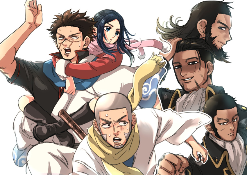 5boys arms_around_neck asirpa beard black_eyes black_hair blue_eyes brown_hair buzz_cut carrying commentary_request cosplay facial_hair female gintama golden_kamuy grin hair_bun highres japanese_clothes kaeru_(8593883) kagura_(gintama) kagura_(gintama)_(cosplay) kiroranke long_sideburns mature_male military military_uniform multiple_boys ogata_hyakunosuke open_mouth parody piggyback profile running sakata_gintoki sakata_gintoki_(cosplay) scar scar_on_cheek scar_on_face scarf shimura_shinpachi shimura_shinpachi_(cosplay) shinsengumi_(gintama) shiraishi_yoshitake short_hair sideburns simple_background single_hair_bun smile spiked_hair stubble sugimoto_saichi sweatdrop tanigaki_genjirou thick_eyebrows uniform very_short_hair white_background