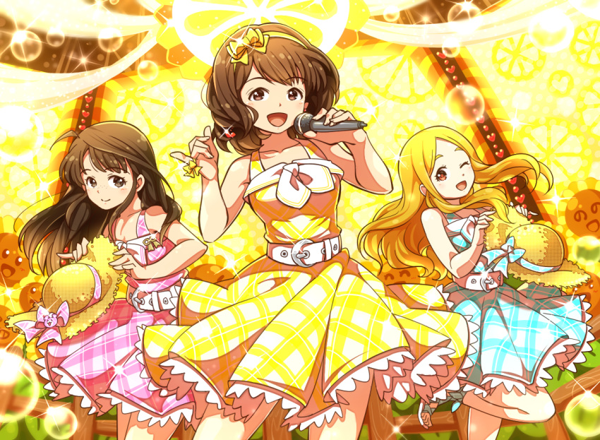 3girls :d aopanda blonde_hair brown_eyes brown_hair commentary_request dress flower freckles grey_eyes hat idolmaster idolmaster_cinderella_girls looking_at_viewer mochizuki_hijiri multiple_girls nagatomi_hasumi okuyama_saori one_eye_closed open_mouth smile sunflower