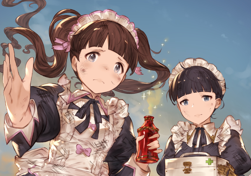 2girls apron bad_id bad_pixiv_id blue_eyes blunt_bangs blush bottle brown_hair claudia_(granblue_fantasy) closed_mouth dorothy_(granblue_fantasy) first_aid_kit gauntlets granblue_fantasy hanarito holding holding_bottle long_hair maid maid_headdress multiple_girls tears twintails