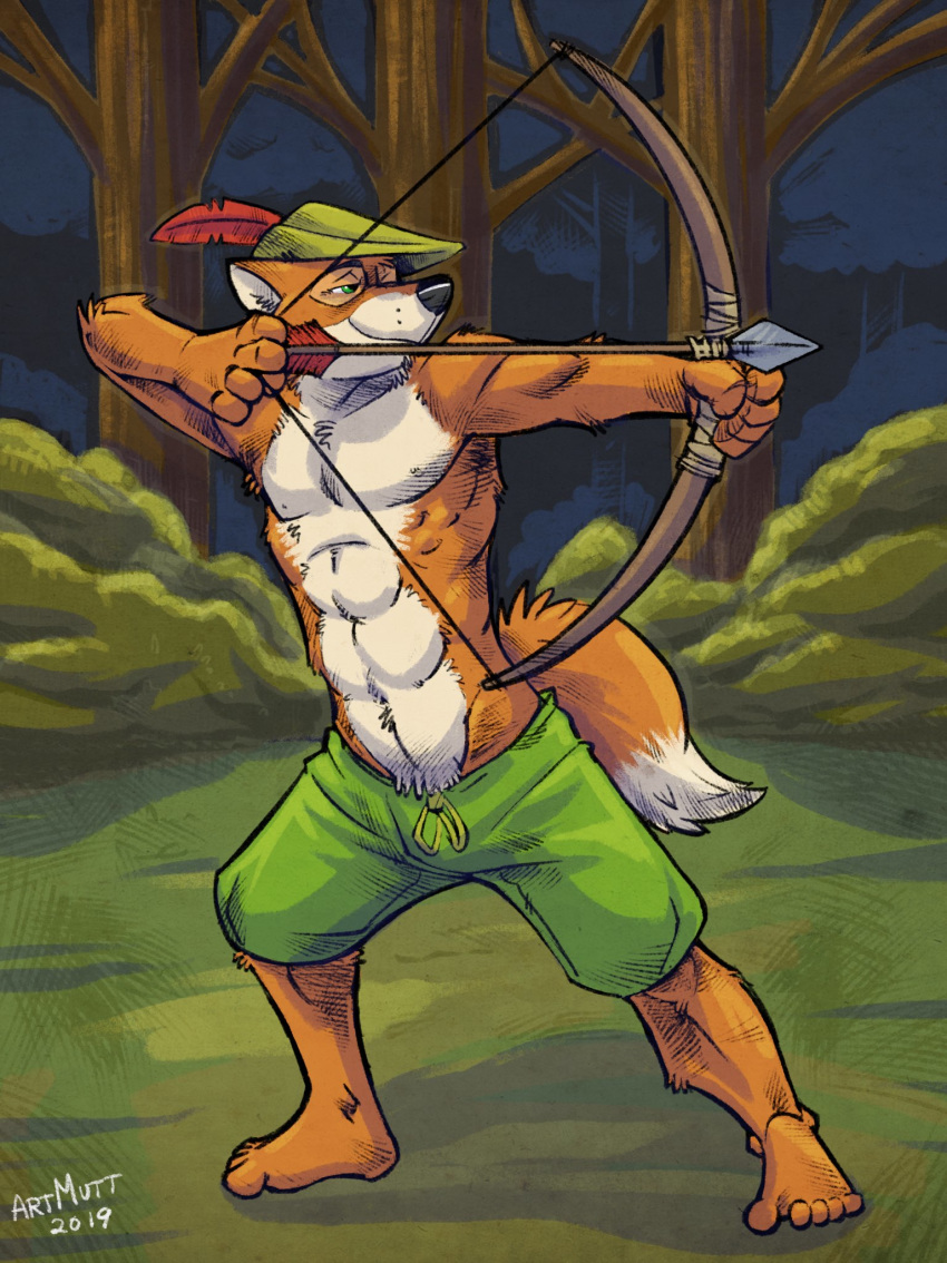 2019 5_fingers 5_toes abs anthro arrow_(weapon) barefoot biped black_nose bottomwear bow_(weapon) brown_body brown_fur bycocket canid canine clothed clothing dipstick_tail disney feathers feet fingers forest fox fur green_bottomwear green_clothing green_eyes green_hat green_headwear green_shorts hat headgear headwear hi_res holding_object holding_weapon k-9 male mammal markings multicolored_body multicolored_fur multicolored_tail muscular muscular_anthro muscular_male navel outside plant plantigrade ranged_weapon red_fox robin_hood robin_hood_(disney) shorts smile solo spread_toes tail tail_markings toes topless tree true_fox two_tone_body two_tone_fur weapon white_body white_fur