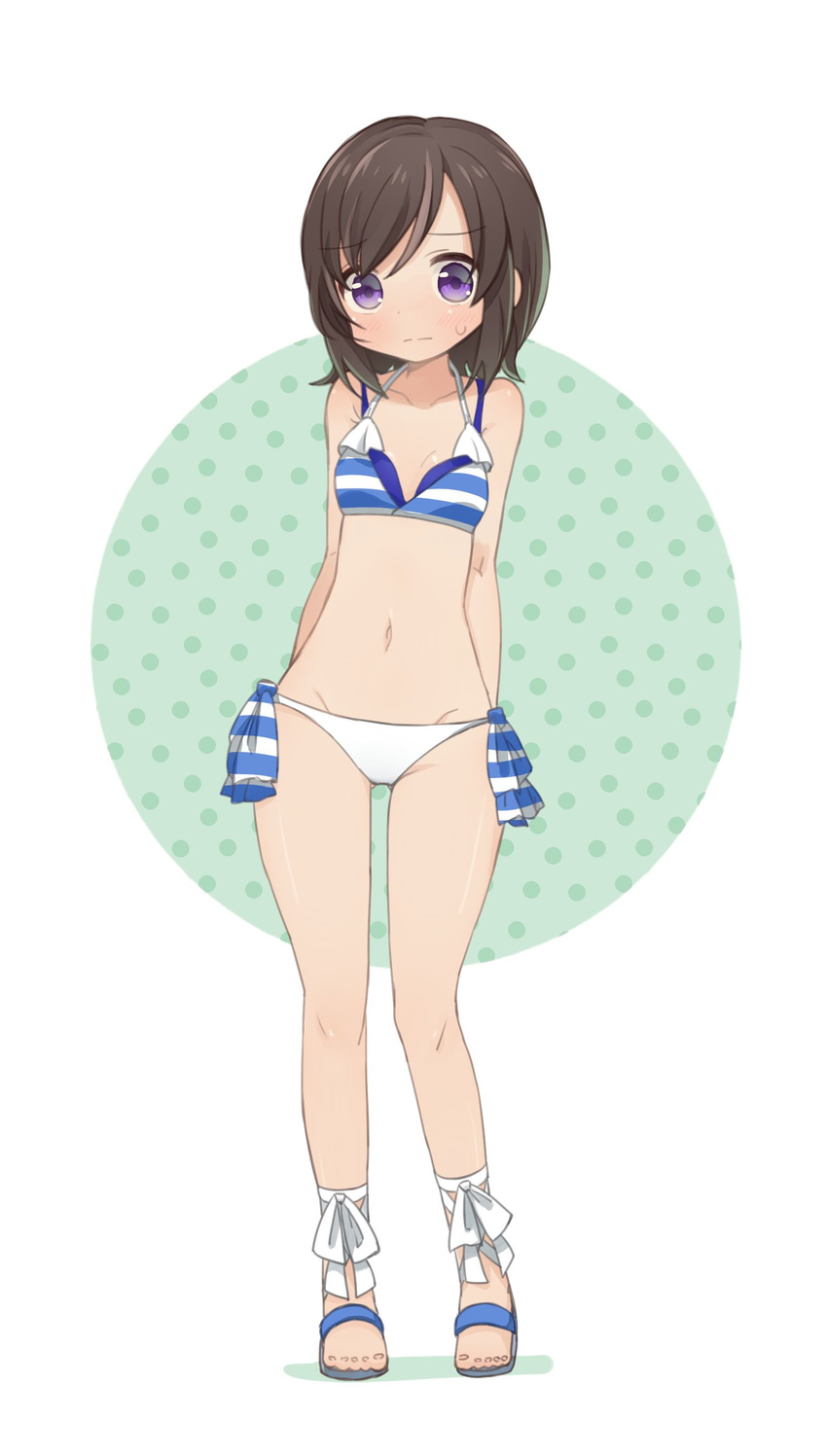 absurdres ankle_wrap arms_behind_back bikini blush bow bow_bikini brown_hair collarbone commentary_request eyebrows female full_body futsuu_no_joshikousei_ga_locodol_yattemita green_background highres looking_at_viewer navel pan_koujou polka_dot polka_dot_background purple_eyes sandals solo standing striped_bikini striped_clothes sweatdrop swimsuit thigh_gap toenails usami_nanako white_background