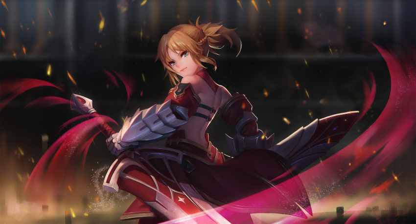 back bad_id bad_pixiv_id bare_shoulders blonde_hair blurry blurry_background braid clarent_(fate) closed_mouth detached_collar detached_sleeves dual_wielding fate/apocrypha fate_(series) female from_behind gauntlets gem green_eyes hair_ornament hair_scrunchie half_up_braid head_tilt highres holding holding_sword holding_weapon light_trail looking_at_viewer looking_back micat mordred_(fate) mordred_(fate/apocrypha) parted_bangs photoshop_(medium) ponytail red_gemstone red_skirt reverse_grip scrunchie short_hair short_ponytail skirt solo standing sword v-shaped_eyebrows weapon wind