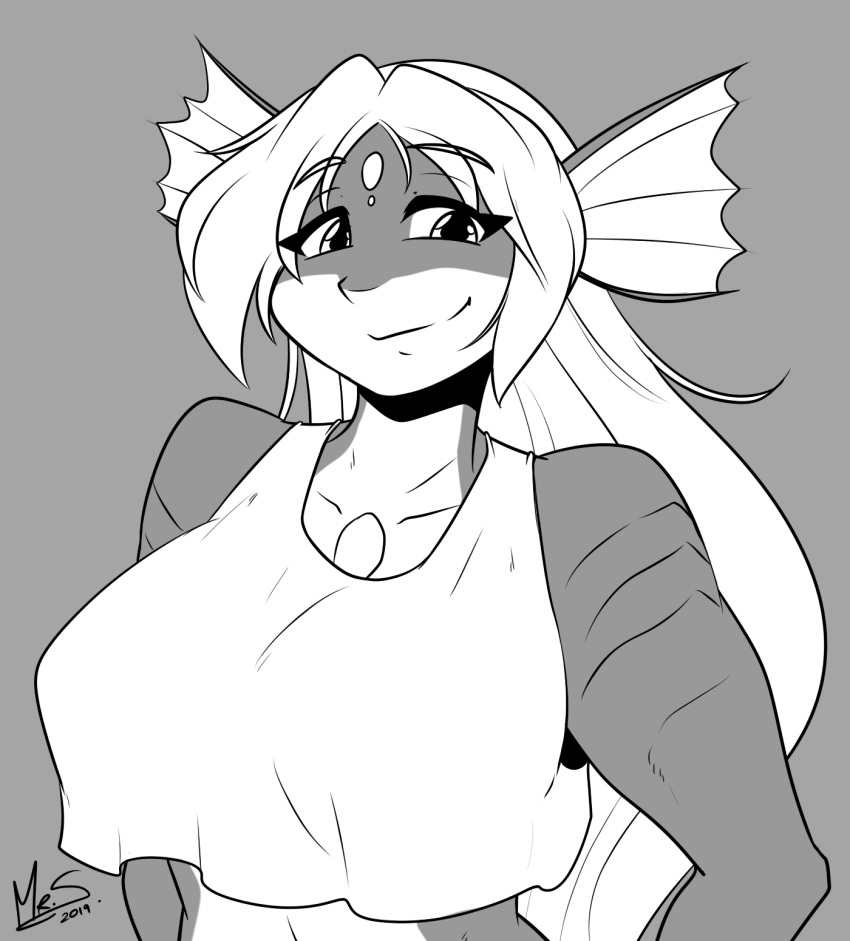 anthro big_breasts breasts clothed clothing ear_fins female fin gem greyscale hair hi_res huge_breasts looking_at_viewer marine merfolk miren monochrome mrsakai non-mammal_breasts scalie simple_background smile solo split_form