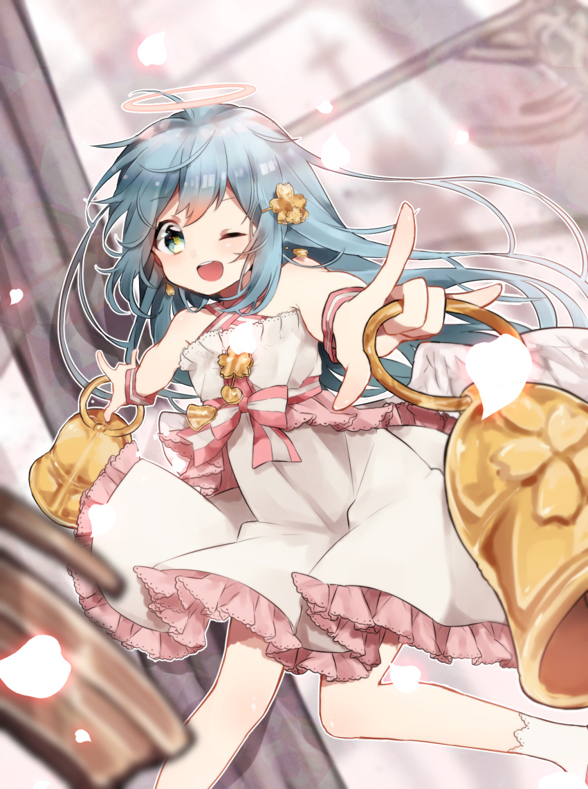 :d angel angel_wings aqua_eyes bad_id bad_pixiv_id bare_shoulders bell bell_earrings bellringer_angel blue_eyes blue_hair blurry blurry_background bow dress earrings female green_pupils hair_ornament hairclip halo halterneck highres holding holding_bell jewelry long_hair looking_at_viewer one_eye_closed open_mouth pink_bow sasakura_(npdk7484) shadowverse smile solo striped striped_bow white_dress white_footwear wings wristband