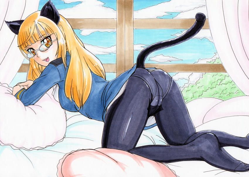 absurdres animal_ears ass bad_id bad_pixiv_id bed black_pantyhose blonde_hair cat_ears cat_girl cat_tail cloud crotch_seam day feet female glasses hayami_jin highres long_hair looking_at_viewer military military_uniform open_mouth panties panties_under_pantyhose pantyhose perrine_h._clostermann pillow smile solo strike_witches tail traditional_media trefoil underwear uniform window world_witches_series yellow_eyes