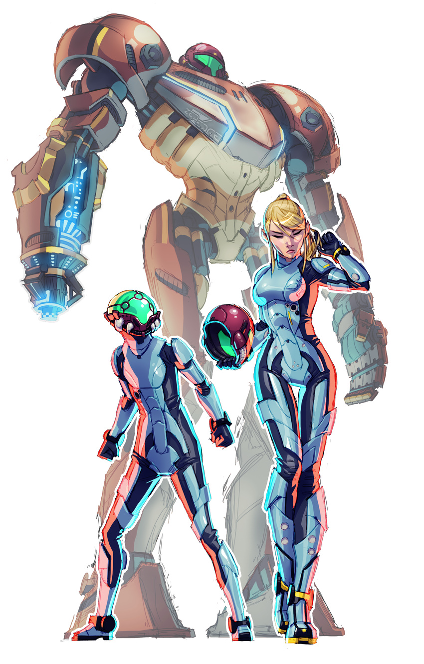 1other absurdres assault_visor blonde_hair commentary english_commentary female full_body green_visor helmet highres holding holding_helmet jaeger_(pacific_rim) md5_mismatch mecha metroid metroid_(creature) military military_vehicle pacific_rim parody robot samus_aran science_fiction transparent_background unworn_headwear unworn_helmet varia_suit zededge zero_suit