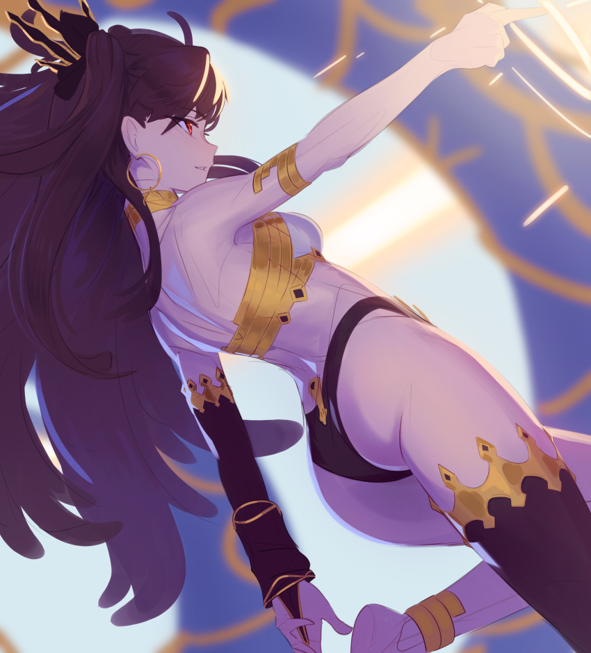 absurdres armlet ass back black_hair black_ribbon bridal_gauntlets commentary daniel_deves earrings english_commentary fate/grand_order fate_(series) female finger_gun floating floating_hair gold_trim grin hair_ribbon heavenly_boat_maanna highres hoop_earrings ishtar_(fate) jewelry long_hair profile red_eyes ribbon smile solo two_side_up very_long_hair weapon