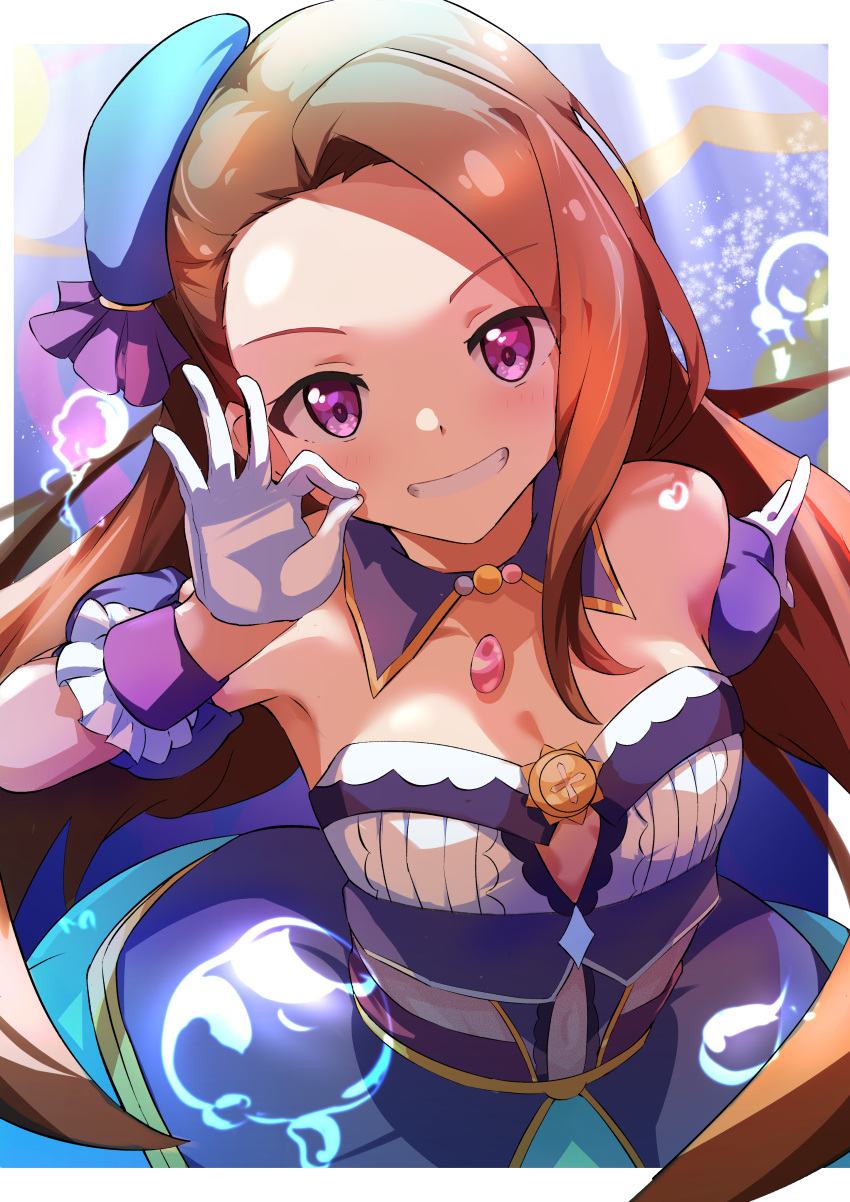 absurdres bare_shoulders beret blue_hat breasts brown_hair cleavage clenched_teeth commentary_request female forehead gloves hat highres idolmaster idolmaster_(classic) idolmaster_million_live! idolmaster_million_live!_theater_days long_hair looking_at_viewer minase_iori purple_eyes sanami_(sanami_t_38) small_breasts smile solo teeth white_gloves