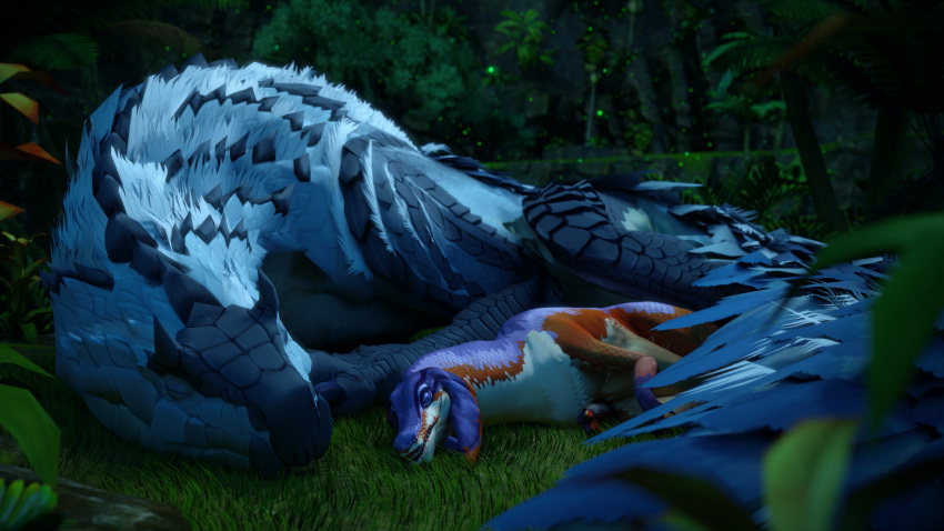 16:9 2024 3d_(artwork) 4k absurd_res ambiguous_gender bird_wyvern blender_(artwork) blue_body blue_scales capcom chest_tuft claws closed_eyes detailed_background digital_media_(artwork) duo fanged_wyvern female_(lore) feral floppy_ears frill_(anatomy) fur grass grey_body grey_scales head_crest head_frill hi_res horn ivorylagiacrus jaggia larger_ambiguous lying membrane_(anatomy) membranous_frill monster_hunter monster_hunter_stories_2:_wings_of_ruin multicolored_body multicolored_scales night on_ground on_side open_mouth orange_body orange_scales outside plant purple_body scales scalie sharp_teeth size_difference sleeping sleeping_together tail teeth tobi-kadachi tree tuft white_body white_fur white_scales widescreen