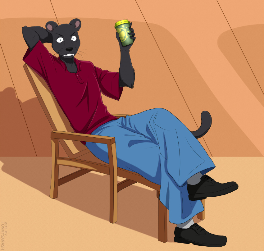 5_fingers absurd_res anthro artist_name beastars beverage black_clothing black_footwear black_nose black_shoes blue_bottomwear blue_clothing blue_pants bottomwear cel_shading chair claws clothed_male clothing container cup fangs felid feline_tail fingers footwear front_view furniture grin hand_behind_head hi_res holding_container holding_cup holding_object kemono lemonade looking_at_viewer lounge_chair male mammal netflix outside pantherine pants pinup pose raised_arm reclining red_clothing red_shirt red_t-shirt red_topwear relaxing shaded shadow shirt sitting slim_male smile socks solo summer sunny t-shirt tao_(beastars) teeth three-quarter_view tommysamash topwear whiskers