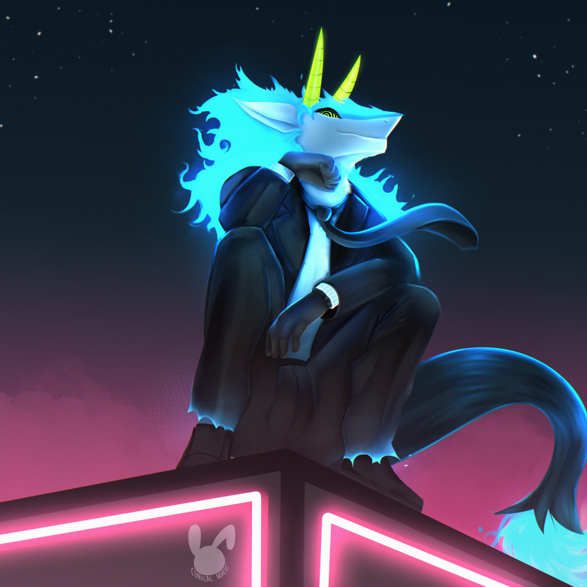 absurd_res anthro blue_fire cinicalvoice clothing colored_fire fire glowing glowing_eyes glowing_hair green_eyes hair hi_res horn male sergal solo suit varien_(cinicalvoice) watermark