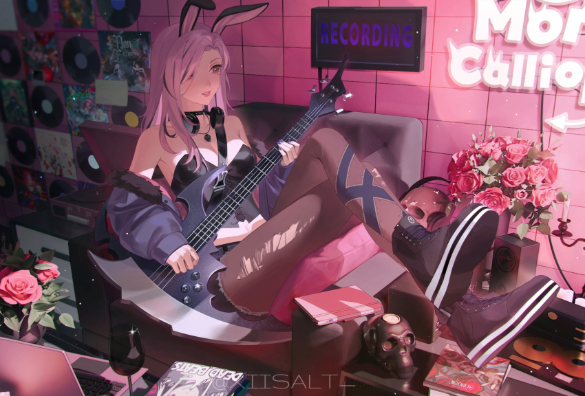 animal_ears bare_shoulders bass_guitar black_hair black_tube_top choker computer crossed_legs cup cutoffs drinking_glass electric_bass_guitar english_commentary fake_animal_ears female flower fur-trimmed_jacket fur_trim headphones headphones_around_neck highres holding holding_instrument hololive hololive_english indoors instrument jacket jewelry laptop leggings long_hair midriff mori_calliope mori_calliope_(9th_costume) multicolored_hair nail_polish necklace off_shoulder official_alternate_costume pantyhose parted_lips pink_eyes pink_hair purple_jacket purple_nails rabbit_ears record rose shoes sign sitting skull skull_necklace sneakers solo speaker strapless streaked_hair tile_wall tiles torn_clothes torn_leggings torn_pantyhose tube_top virtual_youtuber xiisalt