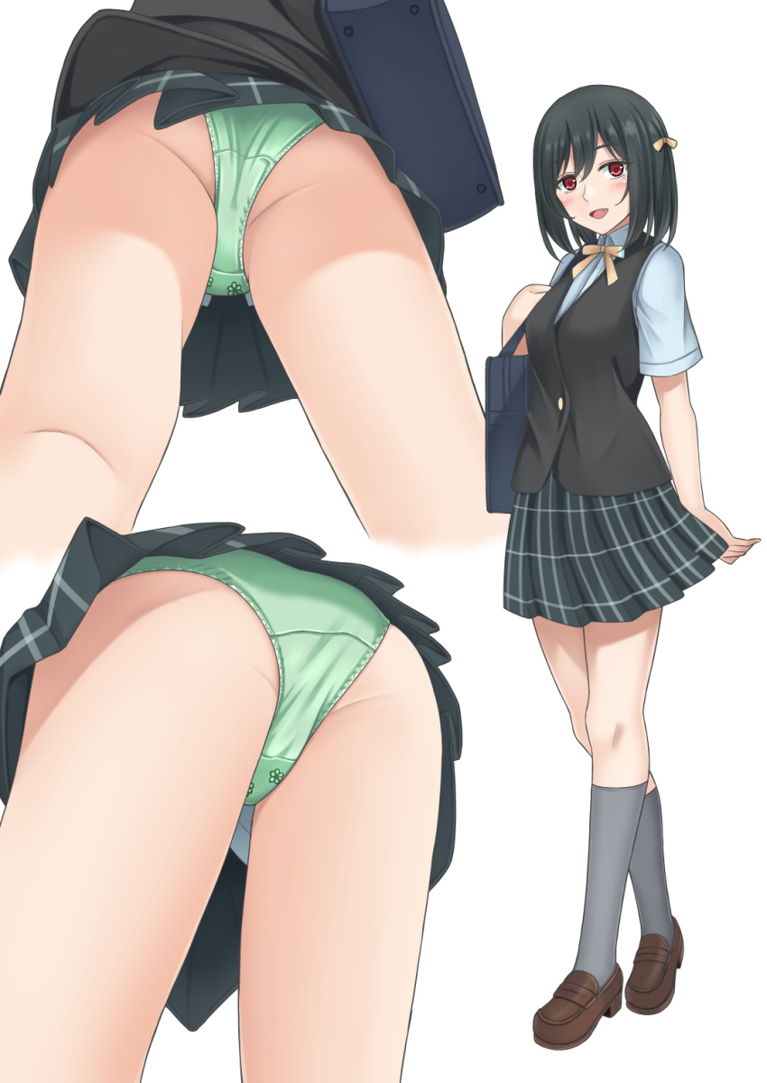 artistic_error ass bad_hands bag black_hair black_vest blue_bag blue_shirt blue_skirt blush breasts brown_footwear collared_shirt commentary_request female from_below full_body green_panties grey_socks hair_ribbon highres kneehighs loafers looking_at_viewer love_live! love_live!_nijigasaki_high_school_idol_club medium_breasts mifune_shioriko miniskirt mtu_virus multiple_views neck_ribbon nijigasaki_school_uniform oerba_yun_fang open_mouth panties pantyshot plaid_clothes plaid_skirt pleated_skirt red_eyes rei_(09991) ribbon school_bag school_uniform shirt shoes short_hair short_sleeves skirt socks standing summer_uniform underwear upskirt vest white_background yellow_ribbon