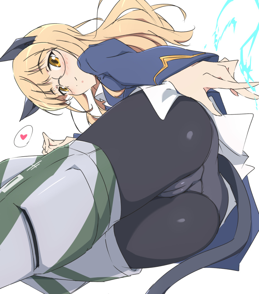 animal_ears black-framed_eyewear black_panties black_pantyhose blonde_hair cat_ears cat_girl cat_tail crotch_seam female from_below glasses heart highres long_hair long_sleeves looking_at_viewer military_uniform panties pantyhose perrine_h._clostermann simple_background smile strike_witches striker_unit tail umanosuke underwear white_background world_witches_series yellow_eyes