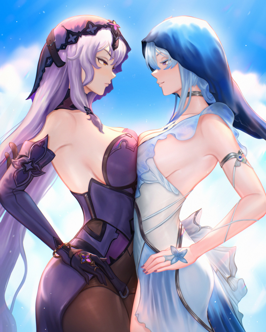 2girls bare_shoulders black_swan_(honkai:_star_rail) blue_hair blue_sky breast_press breasts cleavage cloud colored_eyelashes commentary crossover day dress elbow_gloves face-to-face from_side gloves grin hand_on_own_hip highres honkai:_star_rail honkai_(series) large_breasts long_hair looking_at_another mcdobo multiple_girls outdoors outfit_connection pantyhose parted_lips purple_dress purple_hair sky smile symmetrical_docking the_shorekeeper_(wuthering_waves) veil very_long_hair wuthering_waves