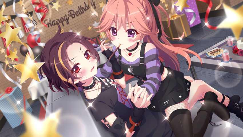 2girls arm_belt assertive_female averting_eyes balloon bandou_mikuru belt birthday black_choker black_dress black_footwear black_ribbon black_shirt black_thighhighs blonde_hair blurry blurry_foreground blush boots box braid brick_wall brown_hair choker clothes_writing coaster collarbone couch crown_braid cup dress drinking_glass dutch_angle film_grain fishnet_pantyhose fishnets flower flustered food forehead game_cg gift gift_box haeno_akari hair_ribbon happy_birthday heart holding_hands indoors izumi_tsubasu jewelry lens_flare long_hair looking_at_viewer midriff mouth_hold multicolored_hair multiple_girls necklace non-web_source off-shoulder_shirt off_shoulder official_art on_couch orange_hair pantyhose pendant_choker pinafore_dress plate pocky purple_eyes purple_shirt re:stage! red_belt red_eyes red_flower red_rose ribbon rose shirt short_hair sitting sitting_on_lap sitting_on_person sleeveless sleeveless_dress small_sweatdrop sparkle spiked_choker spikes star_(symbol) straddling streaked_hair streamers string_of_flags striped_clothes striped_shirt table thighhighs tile_floor tiles two-tone_hair upright_straddle yuri zettai_ryouiki