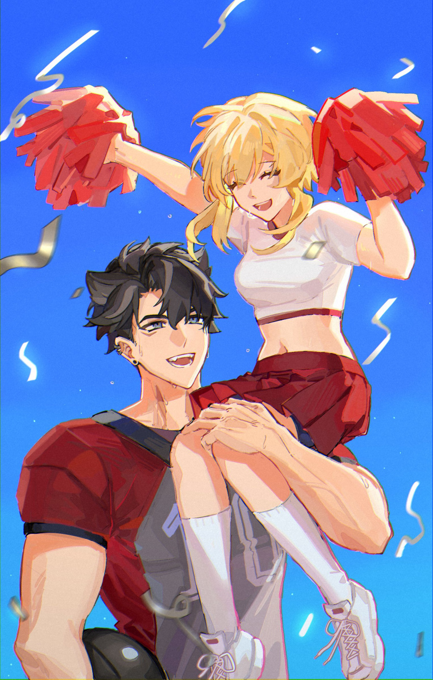 1boy alternate_costume american_football_uniform arms_up black_hair blonde_hair blue_background blue_eyes blue_shorts blurry cheerleader closed_eyes contemporary crop_top depth_of_field ear_piercing earrings female genshin_impact gradient_background hair_between_eyes hand_on_another's_leg hashtag-only_commentary highres holding holding_pom_poms jersey jewelry lumine_(genshin_impact) meat7955 midriff multicolored_hair navel open_mouth piercing pleated_skirt pom_pom_(cheerleading) red_skirt scar scar_on_cheek scar_on_face scar_on_neck shirt shoes short_hair short_sleeves shorts shorts_under_skirt simple_background sitting sitting_on_shoulder skirt smile sneakers socks sportswear streaked_hair streamers stud_earrings sweat teeth upper_teeth_only veins veiny_arms white_footwear white_shirt white_socks wriothesley_(genshin_impact)