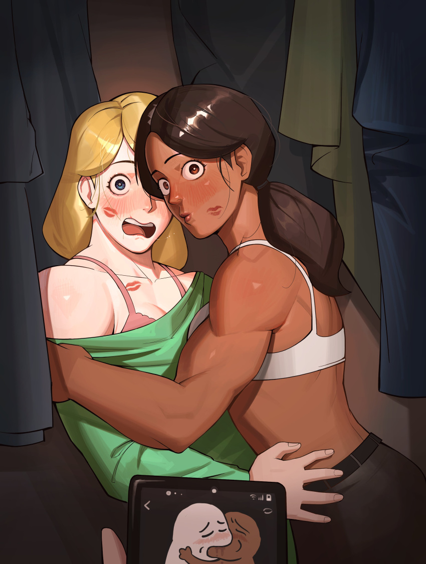 2girls absurdres after_kiss blue_eyes blush boonie_baby breasts brown_eyes brown_hair closed_mouth closet coat dark-skinned_female dark_skin highres interracial lipstick lipstick_mark lipstick_mark_on_chest lipstick_mark_on_face makeup medium_hair multiple_girls original parted_lips phone saliva saliva_trail teeth tongue upper_teeth_only yuri