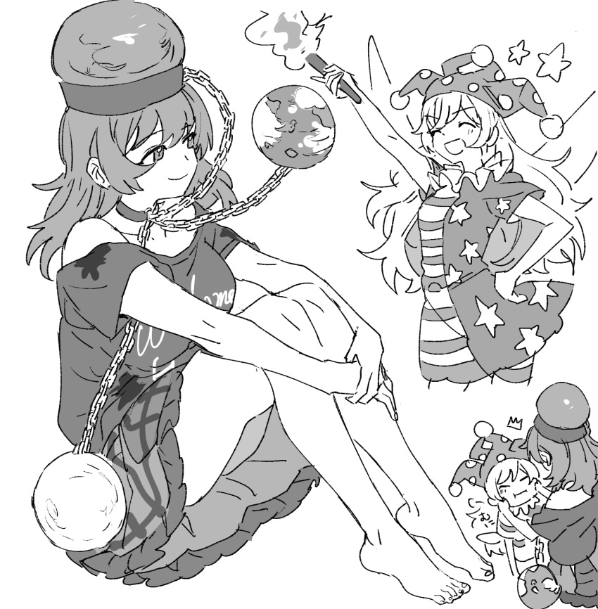 2girls :d ^_^ american_flag_dress barefoot chains cheek_pinching choker closed_eyes closed_mouth clothes_writing clownpiece commentary_request cropped_legs dress earth_(ornament) fairy_wings frilled_skirt frills full_body greyscale hand_on_own_hip hands_on_another's_cheeks hands_on_another's_face hat hecatia_lapislazuli highres holding holding_torch hugging_own_legs jester_cap knees_up long_hair mero_(starfish_jcs) monochrome moon_(ornament) multiple_girls multiple_views off-shoulder_shirt off_shoulder open_mouth pinching shirt short_sleeves simple_background sitting skirt smile star_(symbol) star_print striped_clothes striped_dress torch touhou underworld_(ornament) very_long_hair white_background wings