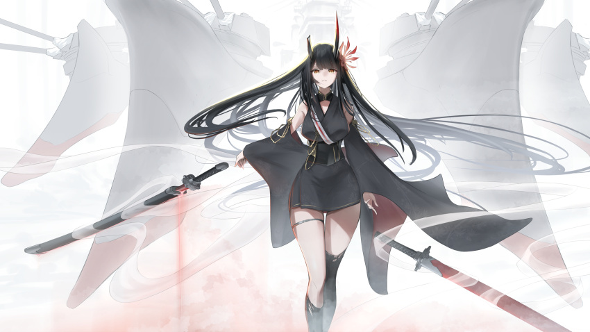 absurdres asymmetrical_horns azur_lane black_dress black_footwear black_hair black_horns commentary_request detached_sleeves dress female floating floating_object floating_sword floating_weapon flower hiei_(azur_lane) hiei_(meta)_(azur_lane) highres horns katana long_hair long_sleeves looking_at_viewer red_eyes rigging ryosuke1225 sheath sheathed solo spider_lily sword turret very_long_hair weapon wide_sleeves