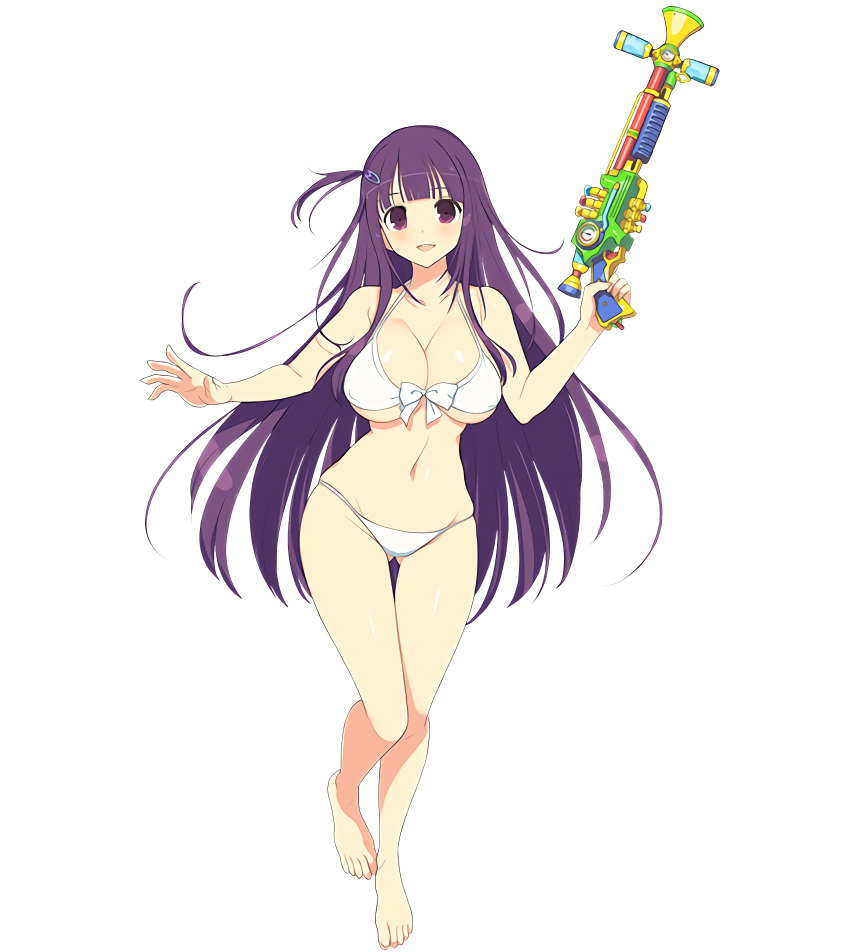 ass_visible_through_thighs bikini breasts front-tie_bikini_top front-tie_top hair_ornament hairclip highres holding holding_water_gun kagurazaka_rinka large_breasts long_hair looking_at_viewer navel official_art open_mouth purple_eyes purple_hair senran_kagura senran_kagura_peach_beach_splash simple_background smile swimsuit valkyrie_drive valkyrie_drive_-bhikkhuni- water_gun white_bikini yaegashi_nan