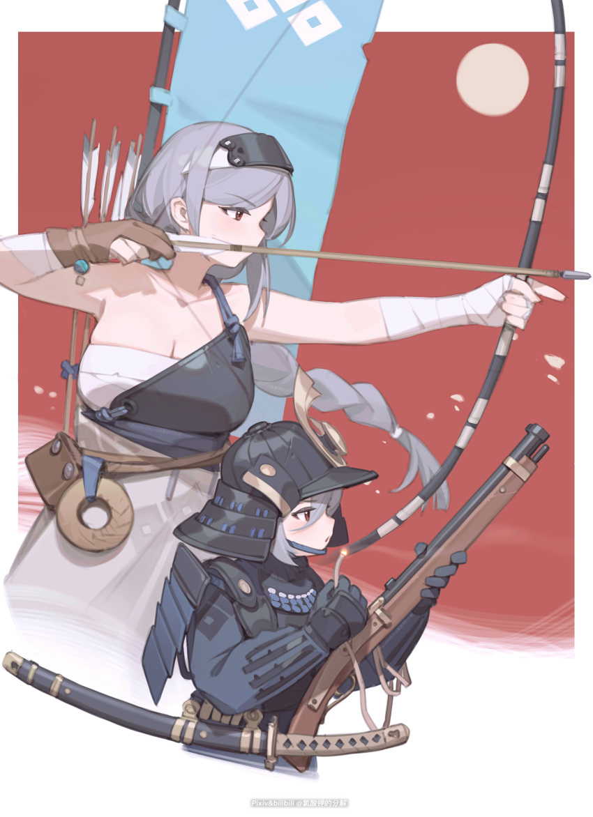 2girls absurdres armor arrow_(projectile) bandaged_hand bandages bilibili_xiaolu black_gloves bow_(weapon) breastplate breasts brown_eyes chest_sarashi cleavage drawing_bow gloves grey_hair gun hairband helmet highres holding holding_bow_(weapon) holding_gun holding_weapon japanese_armor kabuto_(helmet) katana long_braid long_hair multiple_girls original rifle sarashi scabbard sheath sheathed sword weapon