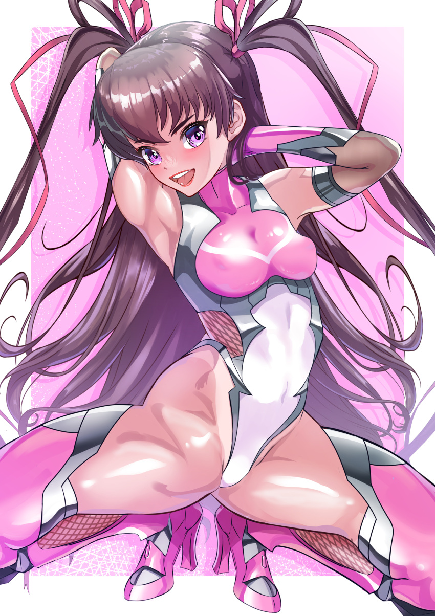 absurdres arion_canvas armpits arms_up breasts brown_hair dark-skinned_female dark_skin female highres leotard long_hair looking_at_viewer mizuki_yukikaze open_mouth purple_eyes small_breasts smile solo taimanin_(series) taimanin_yukikaze tan teeth thighhighs twintails upper_teeth_only white_leotard white_thighhighs