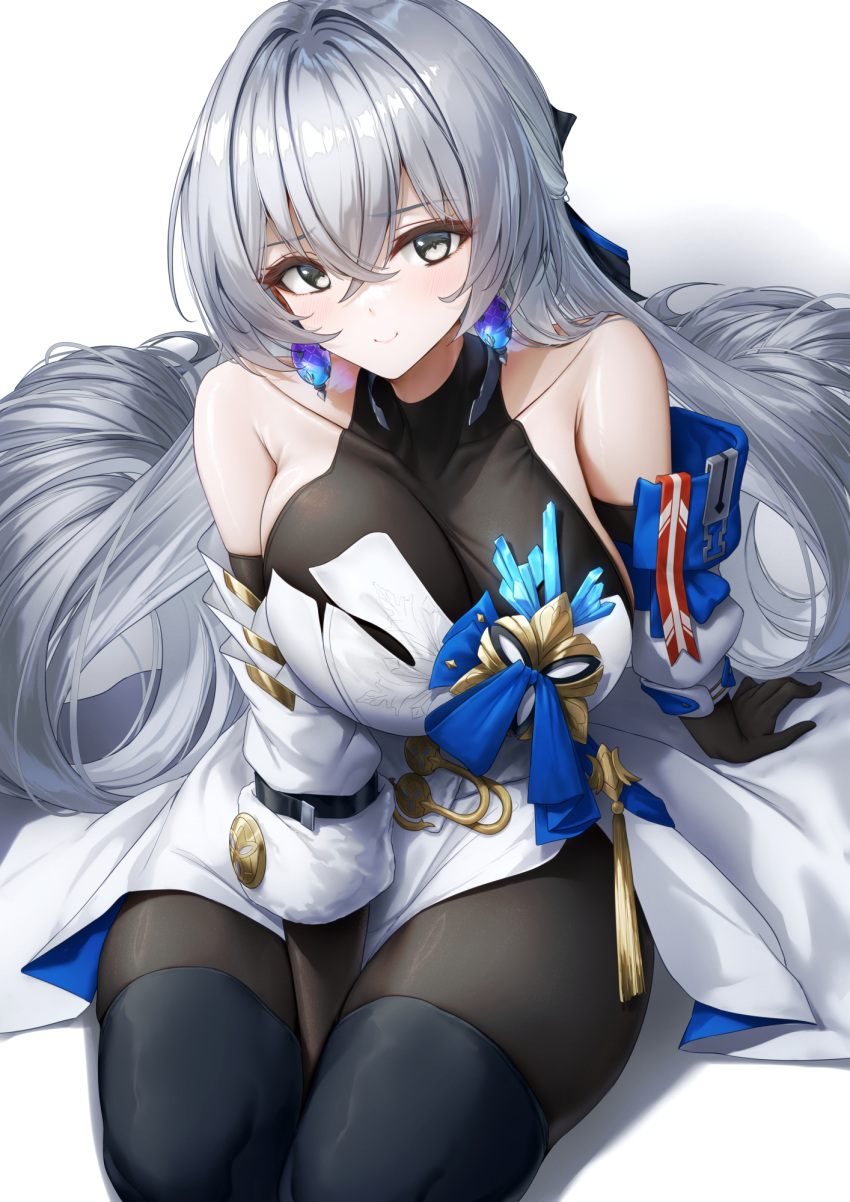 alternate_breast_size arm_support bare_shoulders between_legs black_gloves black_pantyhose breasts bronya_rand closed_mouth commentary dress drill_hair earrings elbow_gloves female gloves grey_eyes grey_hair hair_between_eyes hand_between_legs highres honkai:_star_rail honkai_(series) jewelry large_breasts light_blush long_hair looking_at_viewer pantyhose sitting smile solo thick_thighs thighs white_dress xfate