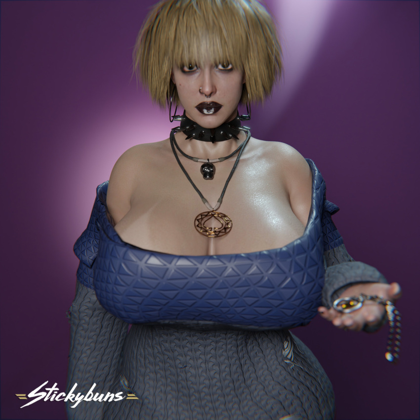 3d absurdres artist_name black_eyes black_lips blonde_hair blue_sweater breasts collar cyberpunk_(series) cyberpunk_2077 female grey_sweater highres holding holding_jewelry huge_breasts jewelry looking_at_viewer misty_olszewski necklace nose_piercing nose_ring off_shoulder piercing purple_background signature solo spiked_collar spikes stickybuns sweater two-tone_sweater upper_body