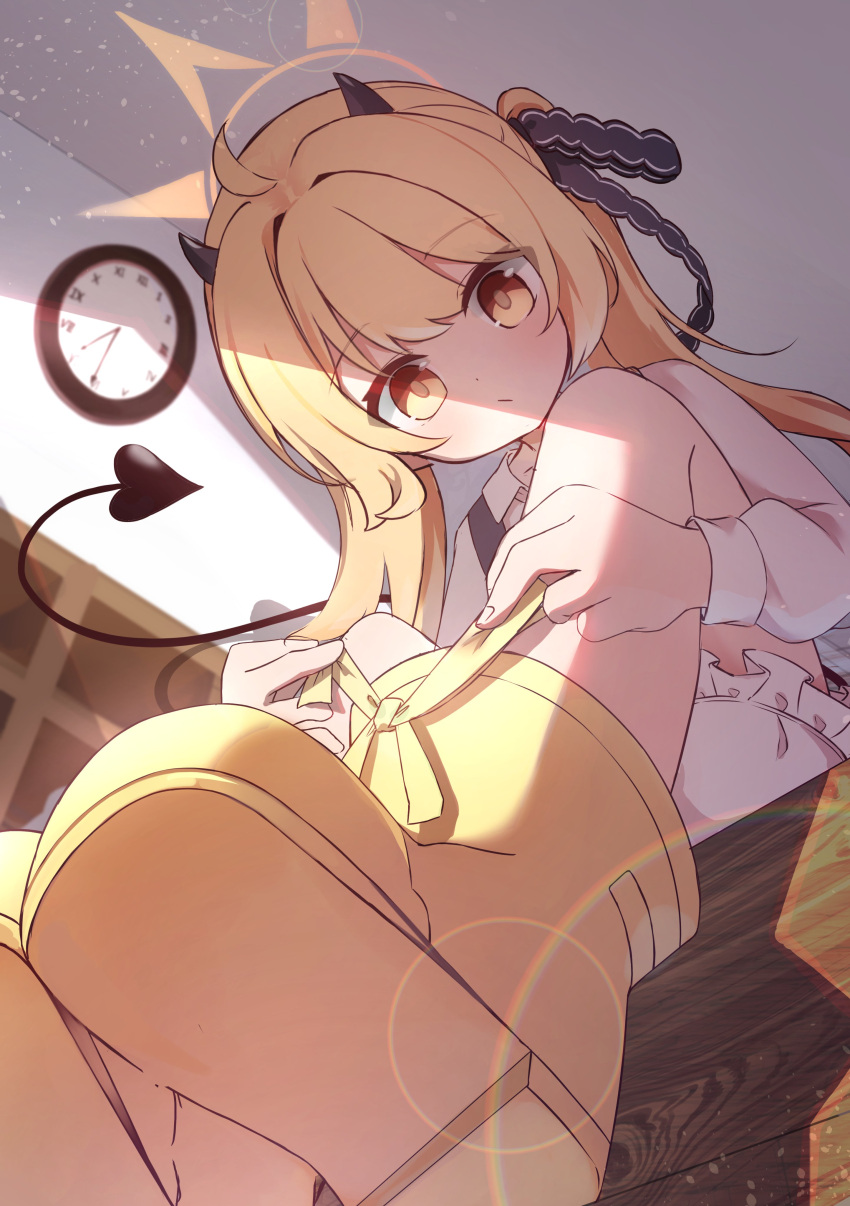 absurdres blonde_hair bloomers blue_archive boots clock demon_tail female foreshortening halo highres horns ibuki_(blue_archive) long_hair long_sleeves looking_at_viewer looking_down moepu. pointy_ears shirt sitting tail tying tying_footwear white_bloomers white_shirt yellow_eyes yellow_footwear