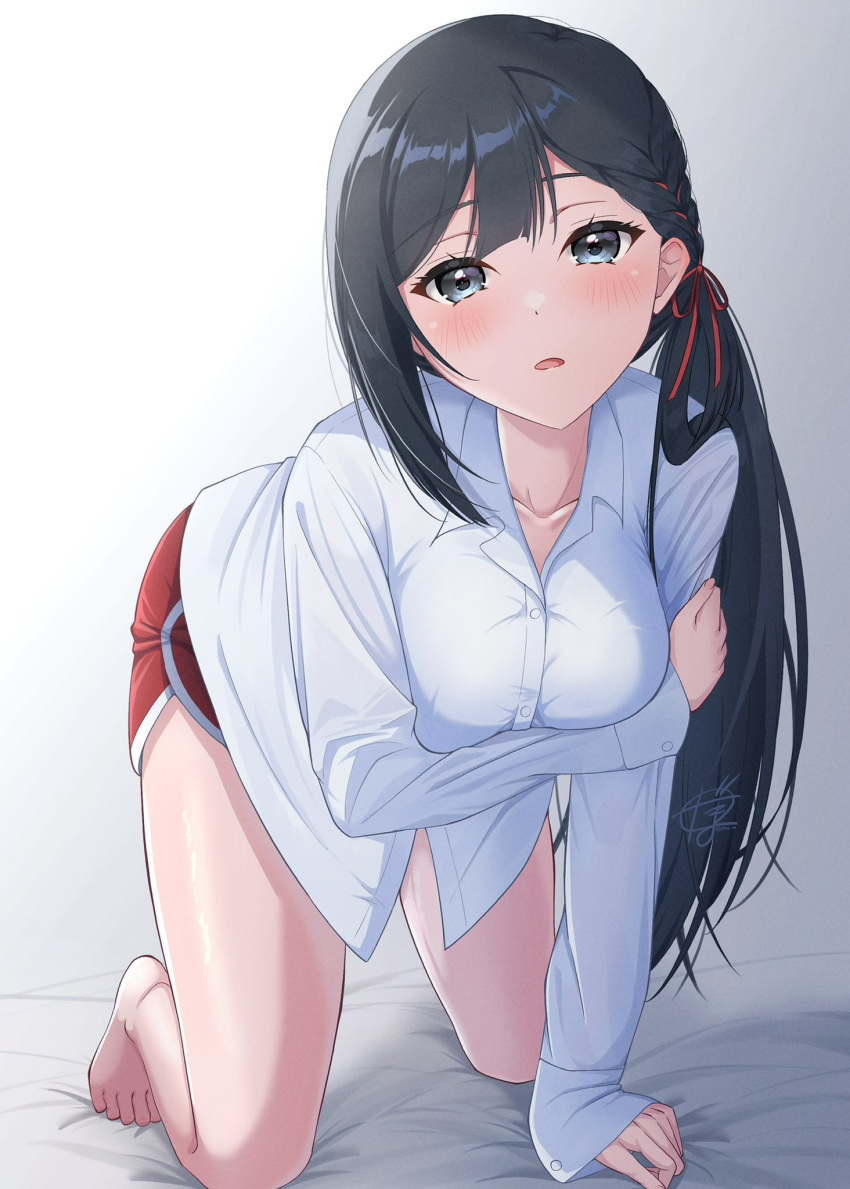 all_fours barefoot black_hair blush breasts bright09 collarbone collared_shirt commentary_request dolphin_shorts dress_shirt female full_body grey_eyes hair_ribbon highres long_hair long_sleeves looking_at_viewer love_live! love_live!_nijigasaki_high_school_idol_club low_side_ponytail medium_breasts official_alternate_costume official_alternate_hairstyle on_bed open_mouth oversized_clothes oversized_shirt red_ribbon red_shorts ribbon ribbon_braid shirt shorts side_ponytail single_sidelock sleeves_past_wrists solo tokimeki_no_mirai_chizu white_shirt yuki_setsuna