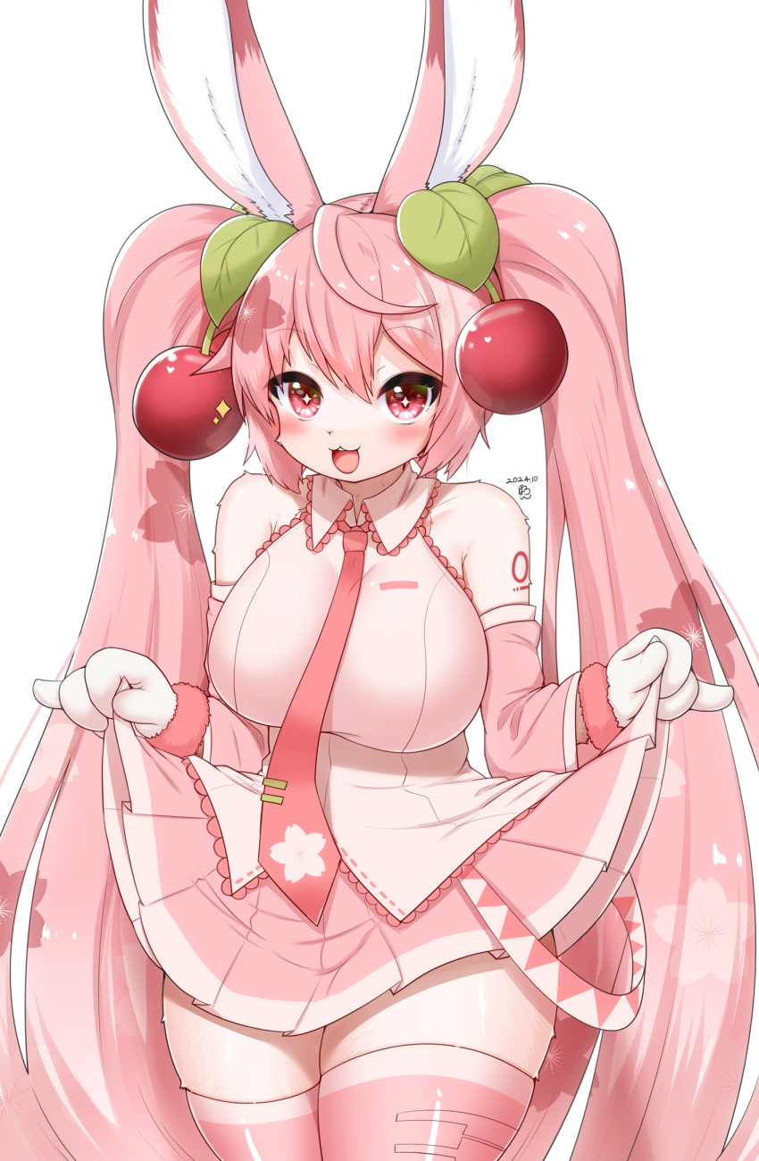 2024 4_fingers accessory ahoge alternate_species anthro big_breasts blush bottomwear breasts cherry clothing digital_media_(artwork) female fingers food fruit fur furrification hair hair_accessory hatsune_miku hi_res horokusa0519 kemono lagomorph legwear leporid long_hair mammal necktie open_mouth open_smile pink_body pink_fur pink_hair plant portrait rabbit red_eyes sakura_miku skirt sleeveless_shirt smile solo sparkles species_transformation thigh_highs three-quarter_portrait transformation twintails twintails_(hairstyle) vocaloid