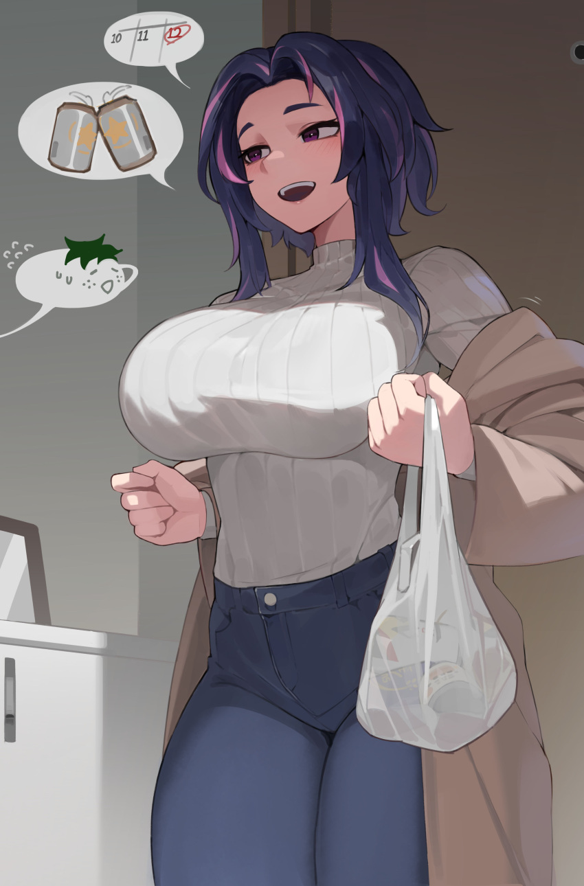 absurdres bag beer_can blue_pants blush boku_no_hero_academia breasts brown_coat calendar_(object) can casual coat door drink_can female grey_sweater grocery_bag highres holding holding_bag kopam lady_nagant large_breasts looking_at_another medium_hair midoriya_izuku multicolored_hair off_shoulder open_mouth out_of_frame pants pink_hair purple_eyes purple_hair ribbed_sweater shopping_bag smile solo spoken_expression spoken_object streaked_hair sweater sweater_tucked_in teeth thick_thighs thighs turtleneck turtleneck_sweater two-tone_hair upper_teeth_only