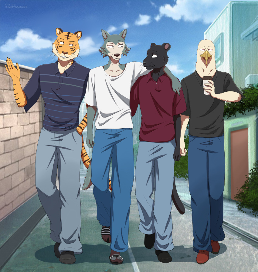 5_fingers absurd_res accipitrid accipitriform anthro aoba_(beastars) arm_around_shoulder artist_name avian beak beastars bill_(beastars) bird black_body black_clothing black_footwear black_fur black_shirt black_shoes black_t-shirt black_topwear blue_body blue_bottomwear blue_clothing blue_fur blue_pants blue_sky bottomwear brick_wall building canid canine canis cel_shading claws clothed_male clothing cloud coffee_cup container cup day eagle felid feline_tail fingers footwear front_view fur group hand_in_pocket hanging_out hi_res holding_coffee_cup holding_container holding_cup holding_object kemono legoshi_(beastars) looking_aside looking_at_another male mammal netflix orange_body orange_fur outside pantherine pants plant plantigrade pockets red_clothing red_footwear red_shirt red_shoes red_t-shirt red_topwear sandals shaded shirt shoes shrub siberian_tiger side_by_side sky smile smirk street t-shirt tao_(beastars) tiger tommysamash topwear walking wall_(structure) whiskers white_clothing white_shirt white_t-shirt white_topwear wolf yellow_beak