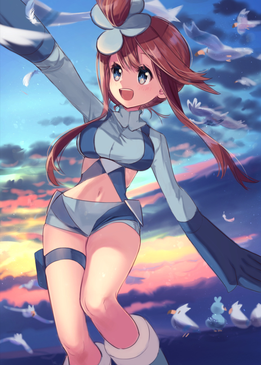 :d arm_up belt blue_belt blue_eyes blue_footwear blue_gloves blue_jacket blue_shorts blue_sky boots breasts cloud cloudy_sky commentary_request crop_top cropped_jacket ducklett elbow_gloves falling_feathers feathers female gloves hair_between_eyes hair_ornament harness highres hitsuji_hiko_(mareep15) jacket knee_boots long_sleeves looking_up medium_breasts midriff navel one_side_up open_mouth outdoors pokemon pokemon_(creature) pokemon_bw pouch red_hair short_hair_with_long_locks short_shorts shorts sidelocks sky skyla_(pokemon) smile solo_focus sunset swanna swept_bangs thigh_pouch thigh_strap wingull