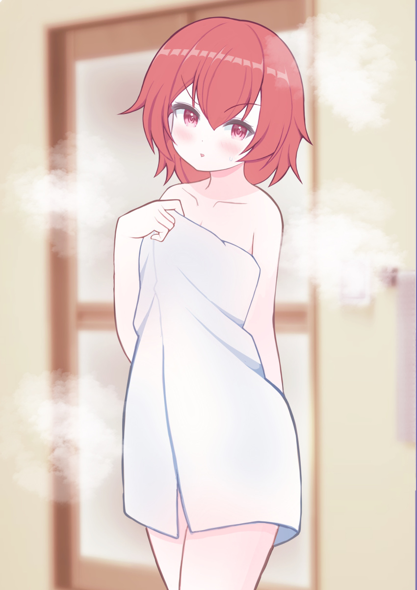 absurdres blurry blurry_background breasts cleavage commentary_request commission double-parted_bangs female highres medium_hair mikoko1 naked_towel open_mouth original raised_eyebrow red_eyes red_hair red_pupils skeb_commission solo steam sweat towel