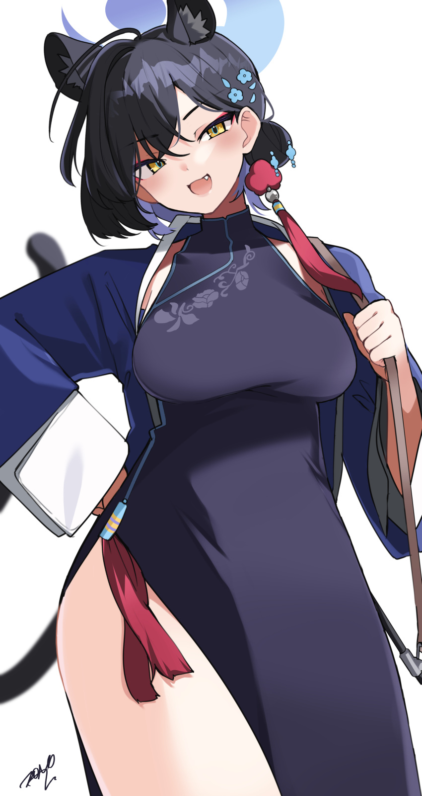 absurdres ahoge animal_ear_fluff animal_ears black_dress black_hair blue_archive blue_halo blue_jacket blush breasts china_dress chinese_clothes commentary_request cowboy_shot dress extra_ears female hair_bun hair_ornament halo highres jacket kaguya_(blue_archive) large_breasts long_sleeves looking_at_viewer oerba_yun_fang open_clothes open_jacket open_mouth panther_ears panther_girl short_hair simple_background single_hair_bun sleeveless sleeveless_dress smile solo tassel tassel_hair_ornament white_background yellow_eyes zono_(inokura_syuzo029)