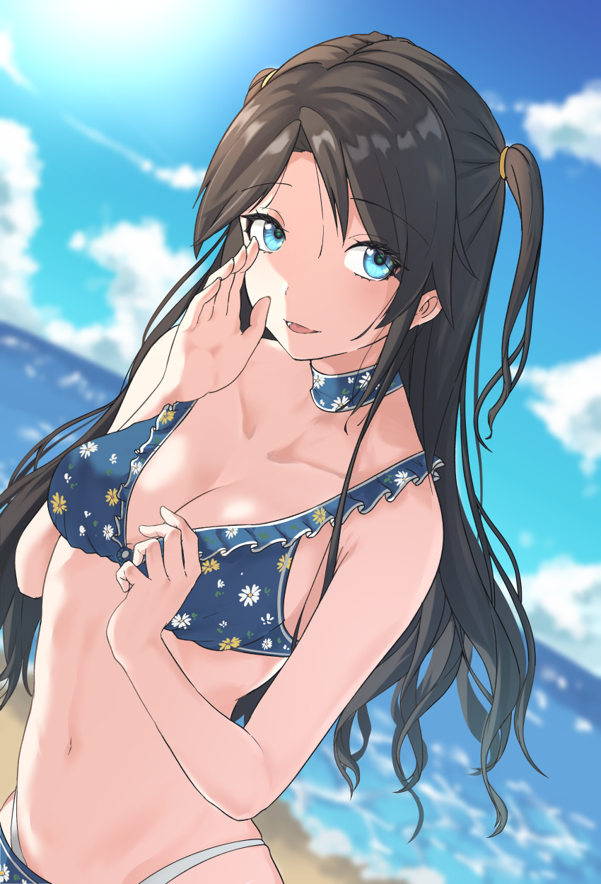 absurdres asymmetrical_bangs bikini black_hair blue_bikini blue_eyes breasts choker cleavage cloud collarbone cowboy_shot dutch_angle female floral_print hand_up highres idolmaster idolmaster_shiny_colors layered_bikini long_hair mitsumine_yuika navel ocean official_alternate_costume official_alternate_hairstyle open_mouth shignonpencil sky small_breasts smile solo swimsuit twintails