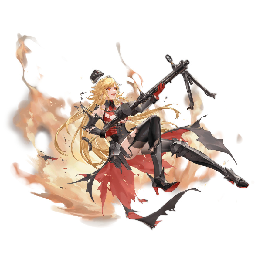 :d armored_boots black_hat black_thighhighs blonde_hair boots breasts chongning detached_sleeves drum_magazine dual_drum_magazine female floating full_body garrison_cap girls'_frontline gloves grey_skirt grey_sleeves gun hat high-waist_skirt highres holding holding_gun holding_weapon long_hair looking_ahead machine_gun magazine_(weapon) medium_breasts mg15 mg15_(girls'_frontline) official_art orange_eyes red_gloves red_shirt shirt simple_background skirt sleeveless sleeveless_shirt smile solo tachi-e thigh_boots thighhighs third-party_source torn_boots torn_clothes torn_shirt torn_sleeves torn_thighhighs transparent_background underboob weapon