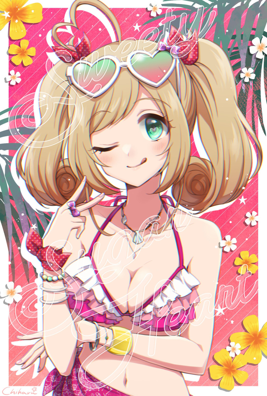 ;p ahoge bangle bikini bow bow_ring bracelet breasts cleavage eyewear_on_head female flower frilled_bikini frills green_eyes hairbow halterneck heart heart-shaped_eyewear highres idolmaster idolmaster_cinderella_girls jewelry light_brown_hair long_hair medium_breasts navel necklace one_eye_closed palm_leaf pink_bikini pqpqpq783 purple_bow red_bow sarong sato_shin solo sunglasses swept_bangs swimsuit tongue tongue_out twintails upper_body v wrist_bow