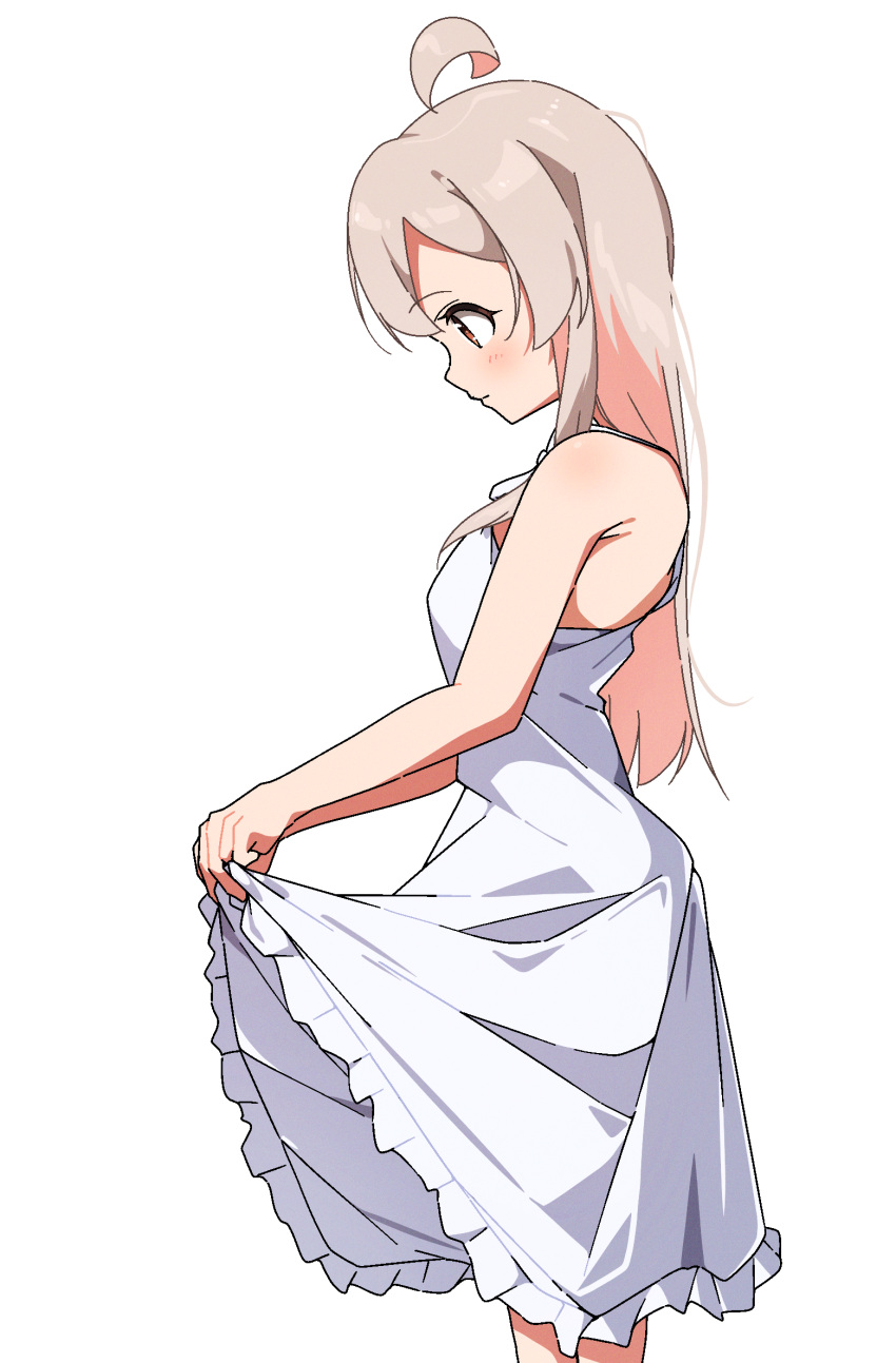 ahoge bare_arms bare_shoulders brown_eyes clothes_lift colored_inner_hair commentary dress dress_lift female frilled_dress frills grey_hair highres lifting_own_clothes light_blush long_hair multicolored_hair onii-chan_wa_oshimai! oyama_mahiro pink_hair profile simple_background sleeveless sleeveless_dress solo sundress two-tone_hair white_background white_dress yairo_ju