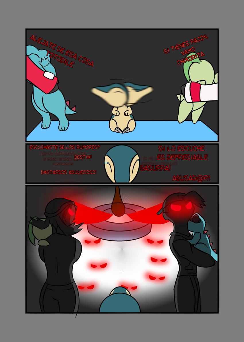 absurd_res abuse bodily_fluids bullying chikorita comic_panel cyndaquil darkness female feral generation_1_pokemon generation_2_pokemon group hi_res huma human hypno_(pokemon) intimidation male mammal maximilianofox nintendo pokemon pokemon_(species) spanish_text tears text totodile