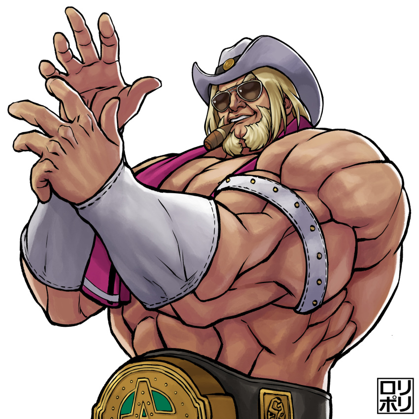 1boy abs antonov_(kof) arm_strap beard belt blonde_hair bracer brown-tinted_eyewear championship_belt cigar cowboy_hat facial_hair fighting_stance grin hat highres jamrolypoly male_focus medium_hair muscular muscular_male simple_background smile solo sunglasses the_king_of_fighters the_king_of_fighters_xv tinted_eyewear topless_male towel towel_around_neck upper_body white_background white_hat