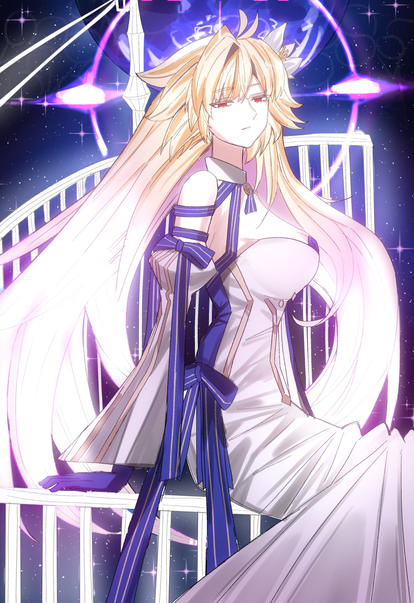 absurdres antenna_hair archetype_earth arcueid_brunestud blonde_hair blue_gloves blue_ribbon breasts cleavage detached_collar detached_sleeves dress earth_(planet) fate/grand_order fate_(series) female flower gloves glowing glowing_hair hair_flower hair_ornament halo highres large_breasts long_hair looking_at_viewer musi_2nd planet purple_halo red_eyes ribbon sitting solo space sparkle star_(sky) star_(symbol) tsukihime very_long_hair white_dress