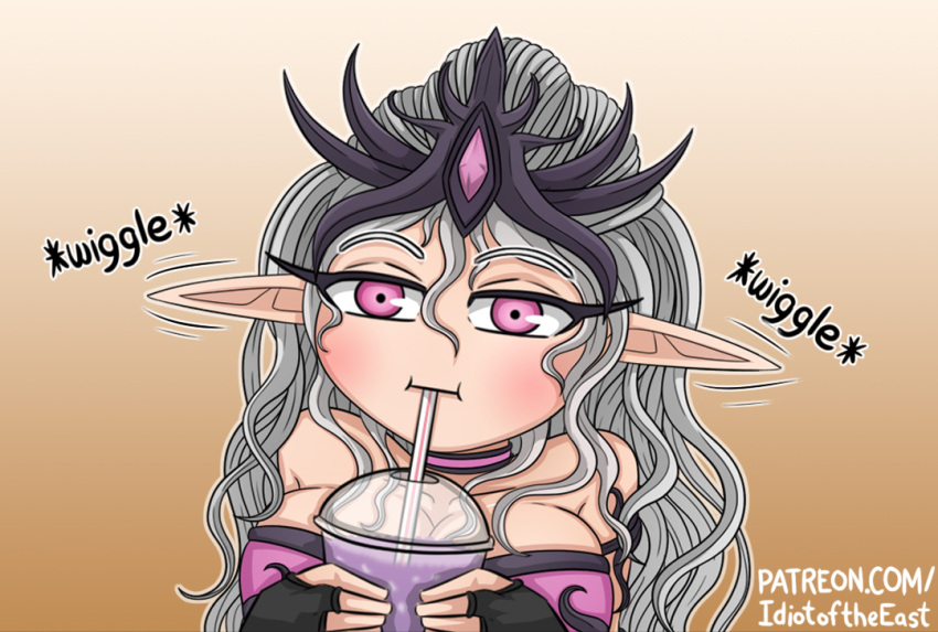 bare_shoulders breasts cleavage commentary cup disposable_cup drinking drinking_straw ear_wiggle female fingerless_gloves gloves grey_hair grimace_shake_(meme) holding holding_cup idiot_of_the_east large_breasts meme pink_eyes pointy_ears slaanesh solo upper_body warhammer_40k web_address