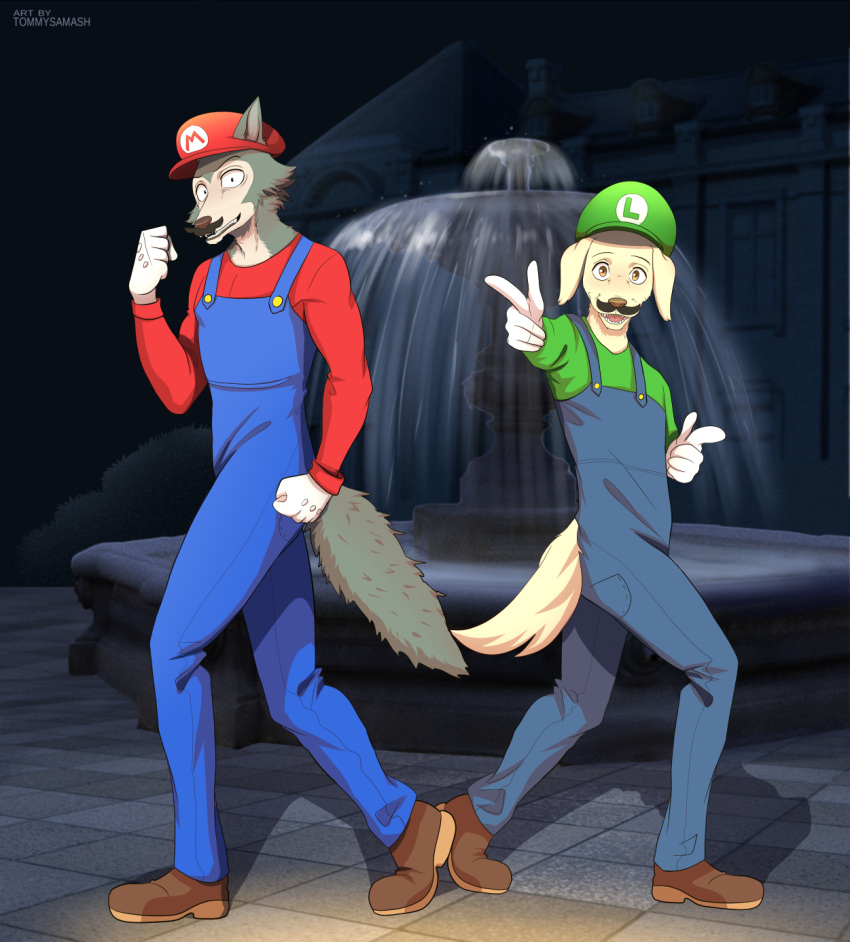 anthro artist_name beastars bird_dog blue_body blue_clothing blue_fur blue_overalls brown_clothing brown_eyes brown_footwear brown_nose brown_shoes canid canine canis cel_shading cherryton_academy clothing cosplay crossover crossover_cosplay dancing dim_lighting domestic_dog duo fake_mustache fist floor floppy_ears fluffy fluffy_tail footwear fountain front_view fur gesture gloves golden_retriever green_cap green_clothing green_shirt green_topwear hand_gesture handwear hi_res hunting_dog jack_(beastars) kemono legoshi_(beastars) looking_at_viewer luigi luigi_hat male mammal mario mario_bros mario_hat netflix night nintendo open_mouth outside overalls plant pointing pointing_at_viewer red_cap red_clothing red_shirt red_topwear retriever school shaded shadow shirt shoes shrub smile standing stone_floor tail tile tile_floor tommysamash topwear white_clothing white_gloves white_handwear wolf yellow_body yellow_fur