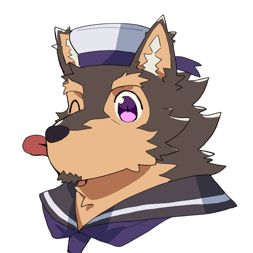 absurd_res anthro blep brown_body brown_fur canid canine canis chibi domestic_dog fur hi_res lifewonders live_a_hero male mammal one_eye_closed pubraseer purple_eyes sailor_hat singetu_sai0805 solo tongue tongue_out wink