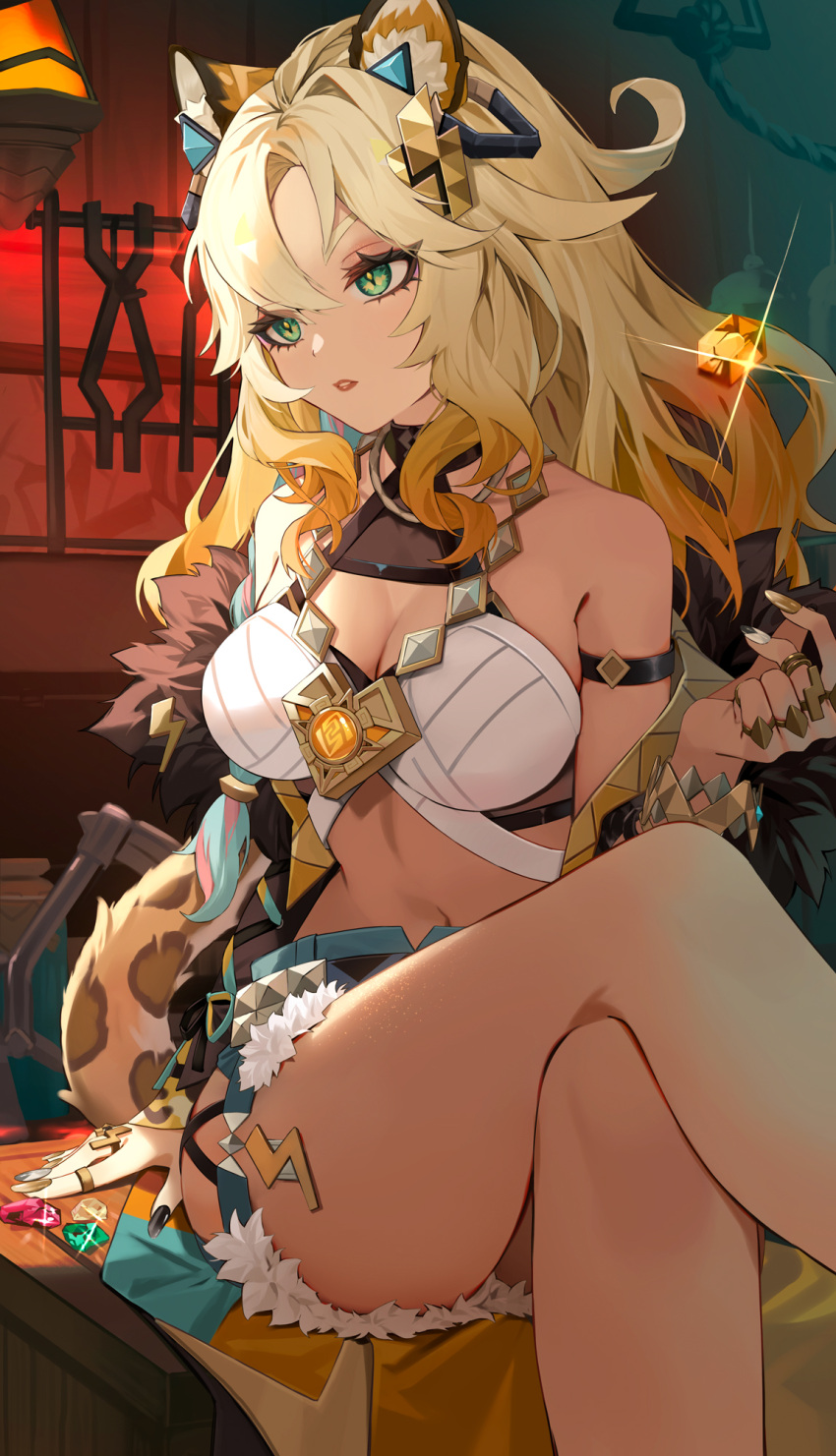 animal_ears bare_shoulders blonde_hair bra bracelet dark_skin female genshin_impact green_eyes highres jacket jaguar_ears jewelry long_hair long_sleeves motto_(night_wear) navel open_clothes open_jacket shorts solo thighs underwear white_bra xilonen_(genshin_impact) yellow_jacket