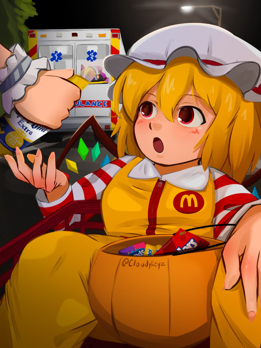 2girls :o ambulance beer_bottle blonde_hair butterfinger_(candy) candy character_request cloudykeyz corona_(brand) cosplay crescent crescent_hair_ornament english_commentary fern_(sousou_no_frieren) fern_(sousou_no_frieren)_(cosplay) flandre_scarlet food hair_ornament halloween halloween_bucket halloween_costume hat highres in_shopping_cart lamppost mcdonald's mob_cap modelo_(beer) multiple_girls nerds_(candy) open_mouth out_of_frame patchouli_knowledge purple_hair red_eyes road ronald_mcdonald ronald_mcdonald_(cosplay) shopping_cart sitting sousou_no_frieren touhou twitter_username twizzlers wings wrist_cuffs