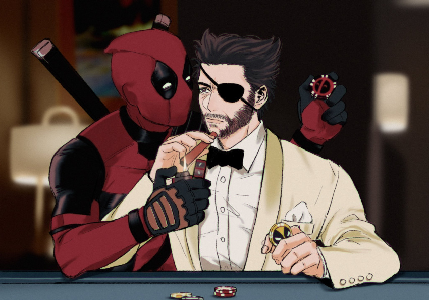 2boys beard black_bow black_bowtie black_gloves bodysuit bow bowtie brown_hair buttons casino cigar closed_mouth deadpool deadpool_&_wolverine deadpool_(series) english_commentary eyepatch facial_hair fire formal gloves highres holding holding_cigar holding_lighter holding_poker_chip jacket katana lighter looking_at_another male_focus marvel marvel_cinematic_universe multiple_boys poker_chip poker_table red_bodysuit red_mask shirt short_hair sleepyuncle1 suit superhero_costume sword sword_on_back table weapon weapon_on_back white_shirt wolverine_(x-men) x-men yaoi